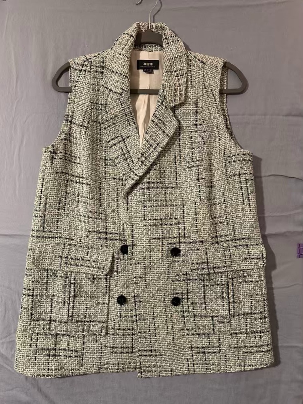 Maeve Green, Black & White Tweed Double-Breasted Sleeveless Blazer Vest